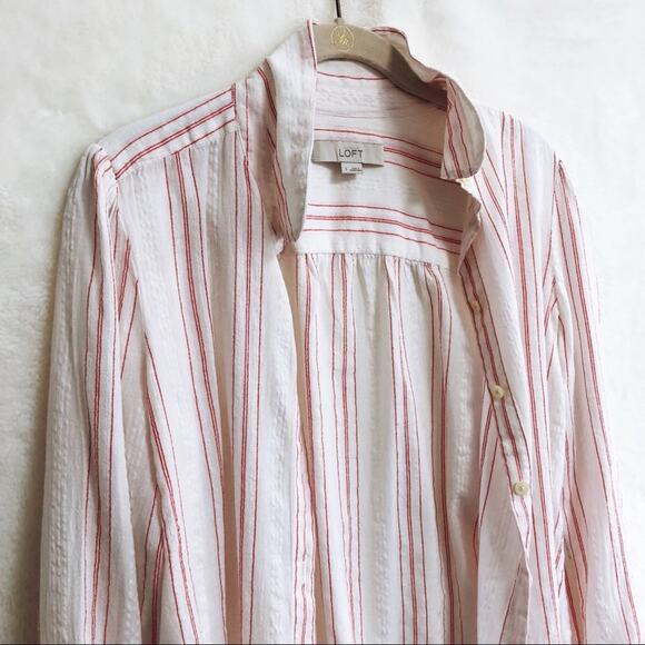LOFT Red & White Striped Long Sleeve Button Shirt - Picture 5 of 8